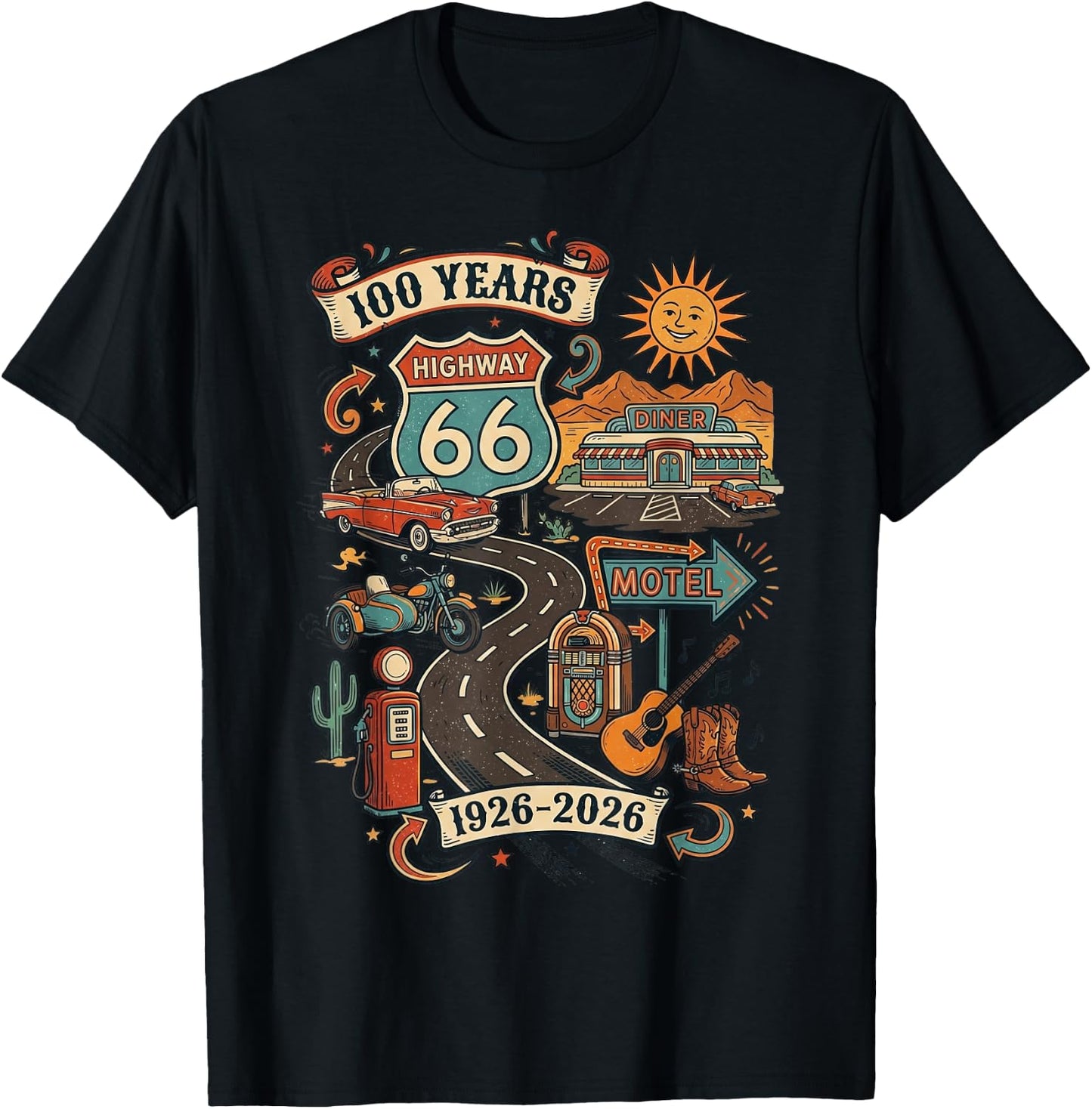 Highway 66 100 Years Centennial 1926-2026 Road Trip Vintage T-Shirt - T-Shirt | Black