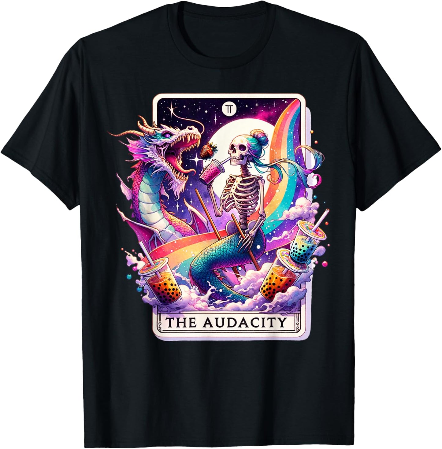 The Audacity Tarot Mermaid Skeleton Messy Bun Rainbow Boba T-Shirt - T-Shirt | Black