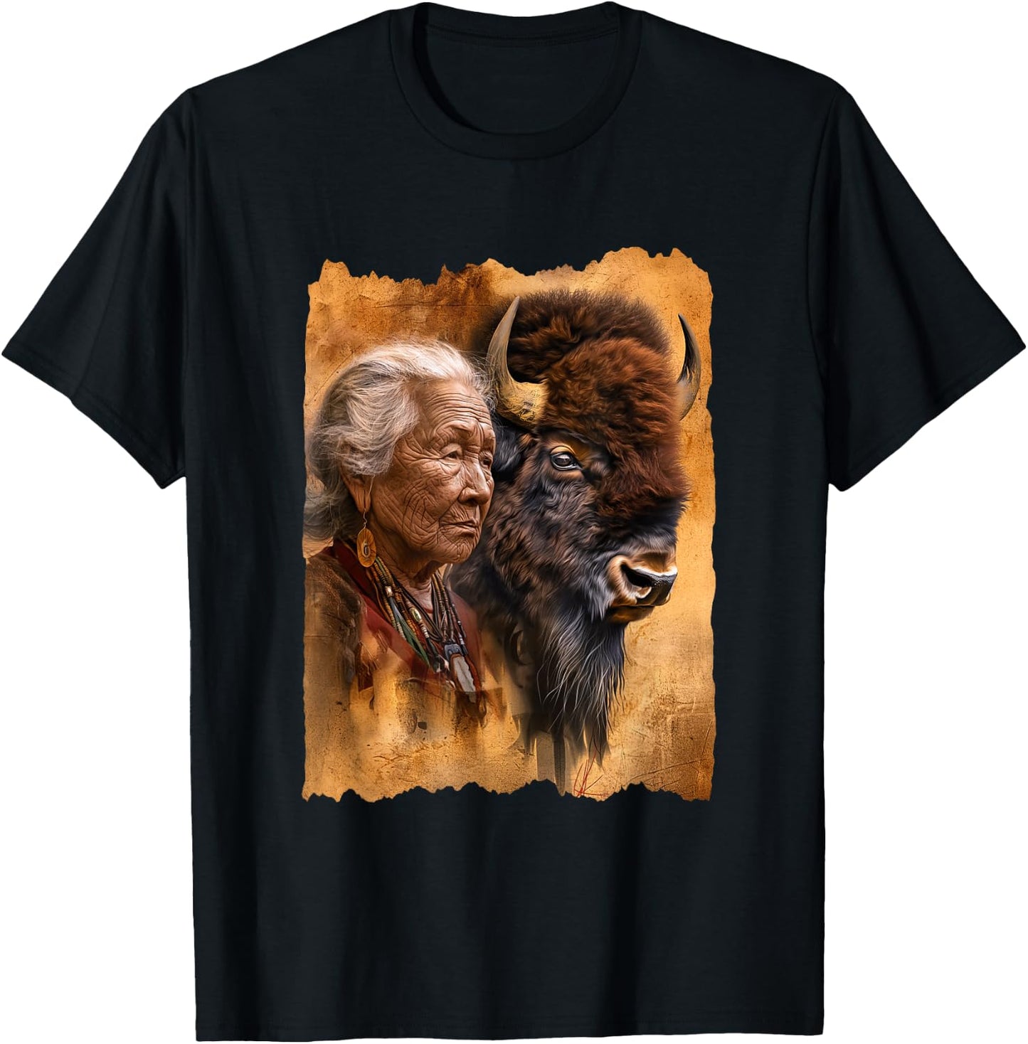 Native American Woman With Buffalo Or Bison T-Shirt - T-Shirt | Black