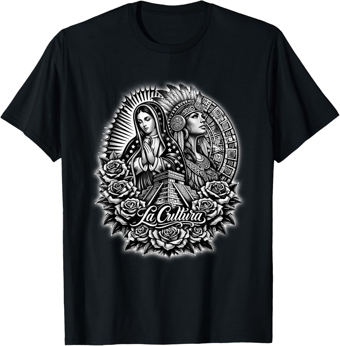 Virgen De Guadalupe Aztec Princess Mexico Azteca Mayan T-Shirt - T-Shirt | Black