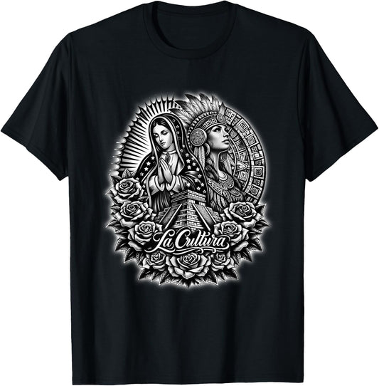 Virgen De Guadalupe Aztec Princess Mexico Azteca Mayan T-Shirt - T-Shirt | Black