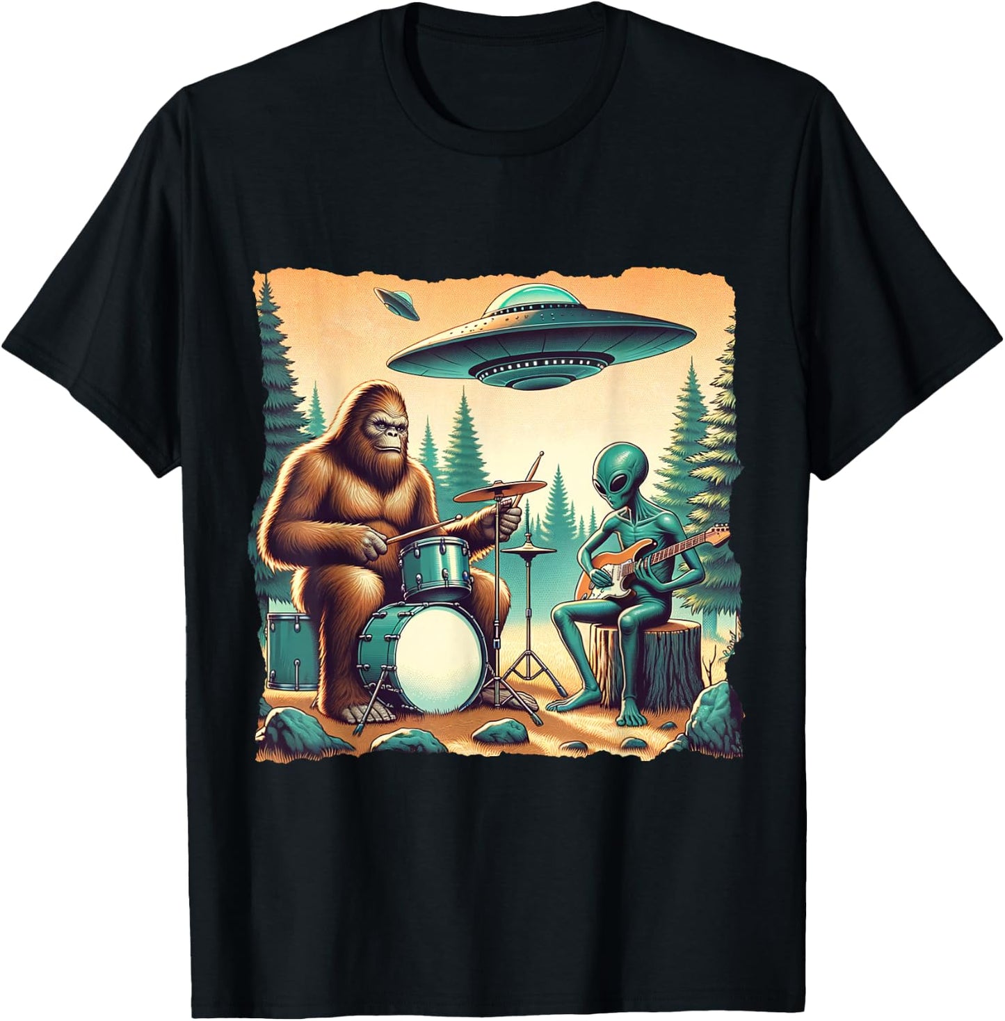 Funny UFO Alien and bigfoot lovers Bigfoot With Drums And Alien Playing Electric Guitar - -Adults, -Kids - Black - Small - Short Sleeve T-Shirt - T-Shirt | Black
