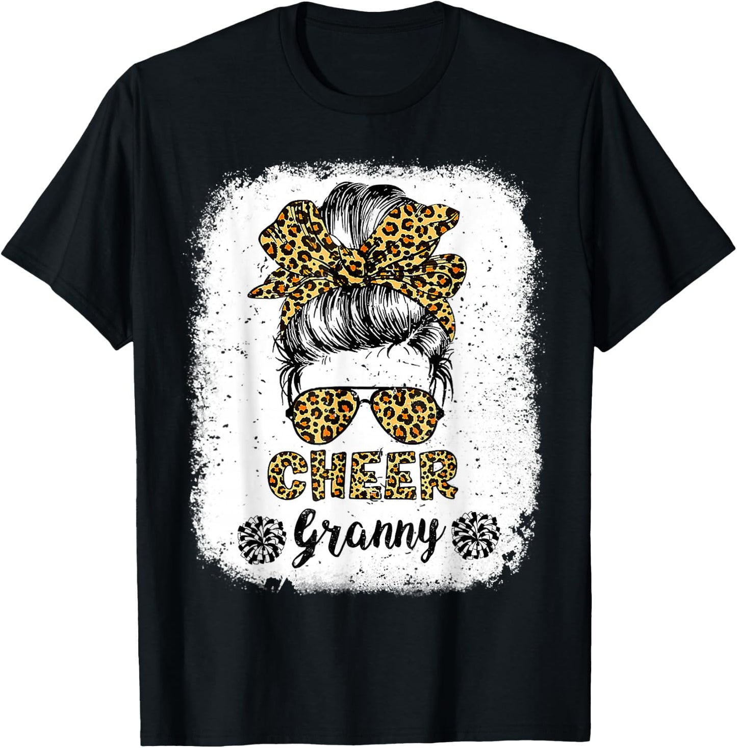 Cheer Granny Leopard Messy Bun Cheerleader Bleached T-Shirt - T-Shirt | Black