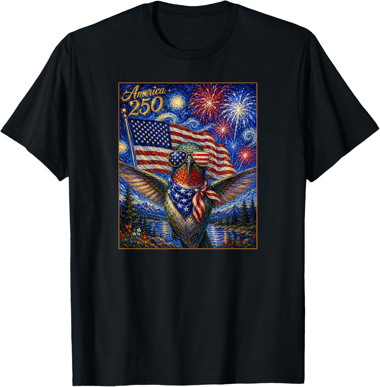 Hummingbird Art on America 250 4th of July USA Flag Bird T-Shirt - T-Shirt | Black