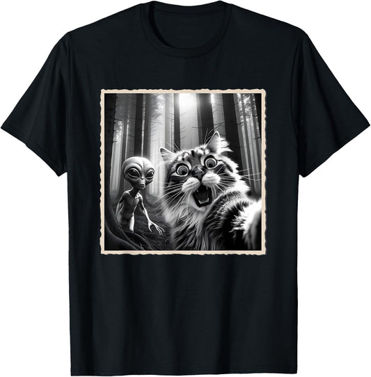 Cat Selfie with Alien, Alien UFO & Funny Cat T-Shirt - T-Shirt | Black