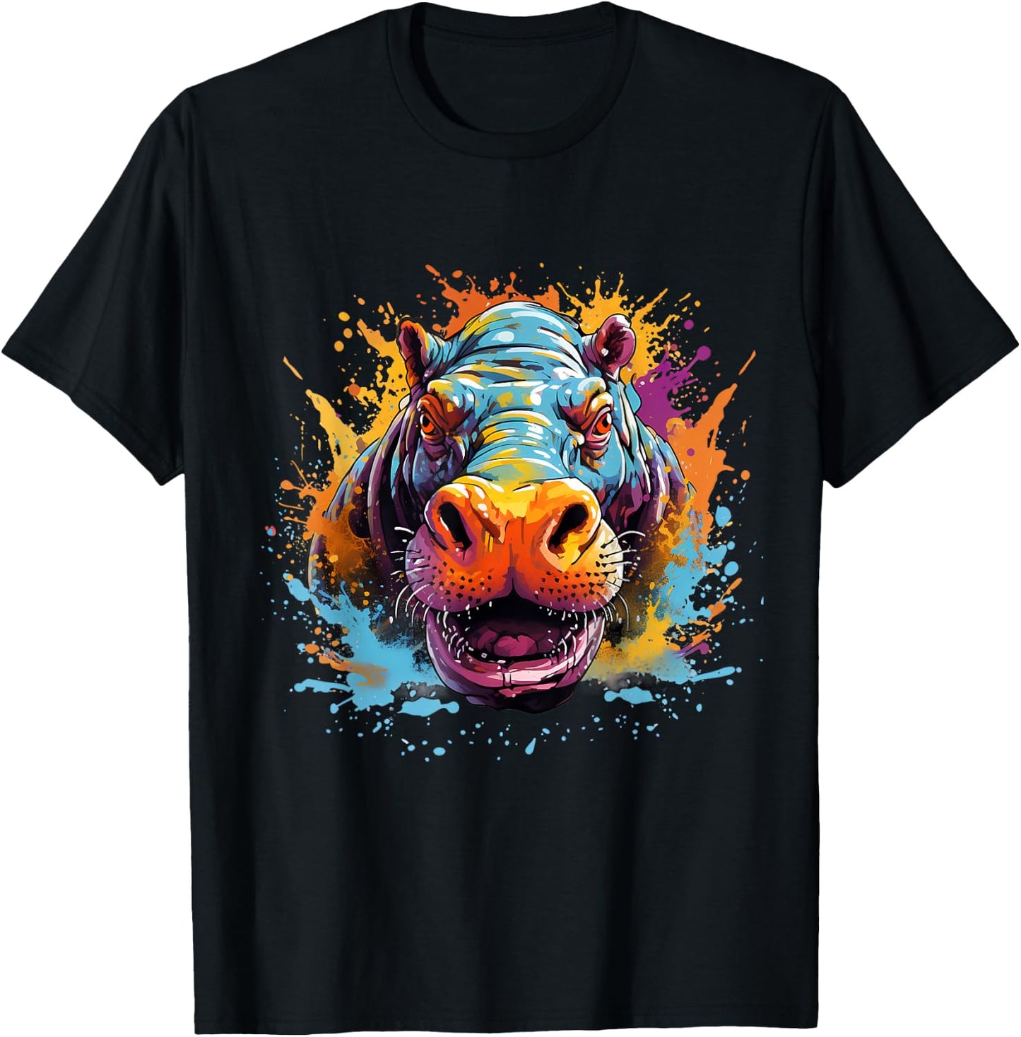 Hippo Hippopotamus Colourful Portrait Motif Artwork Splash T-Shirt - T-Shirt | Black