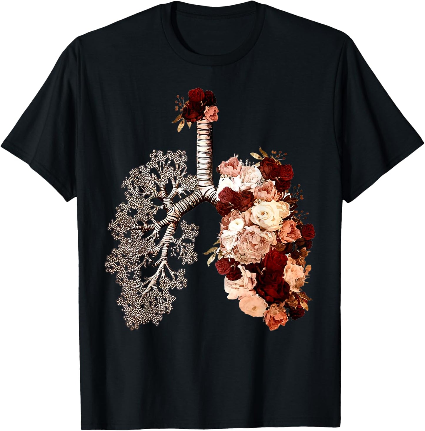 Anatomical Lungs And Bloom Roses Floral T-Shirt - T-Shirt | Black