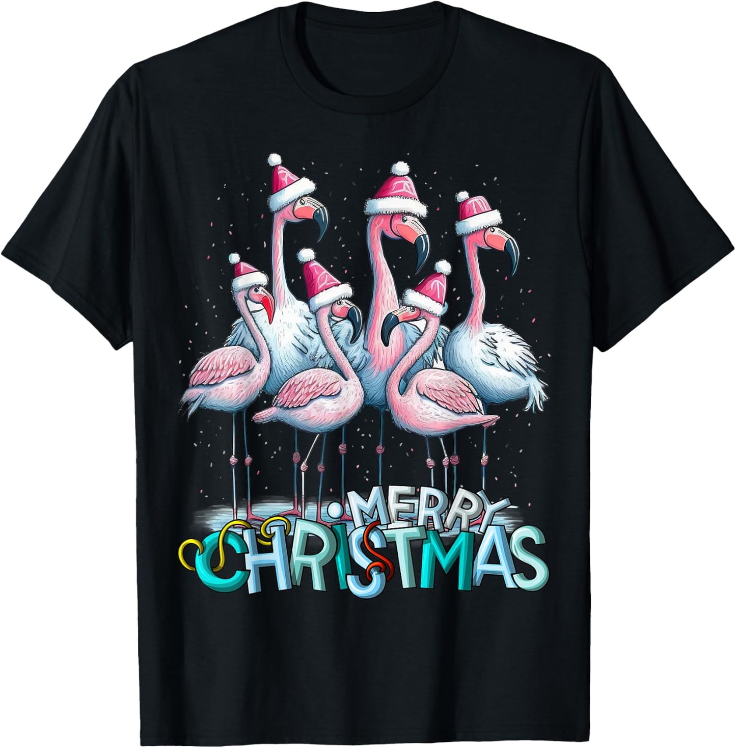 Merry Christmas Flamingo Squad Tropical Style T-Shirt - T-Shirt | Black