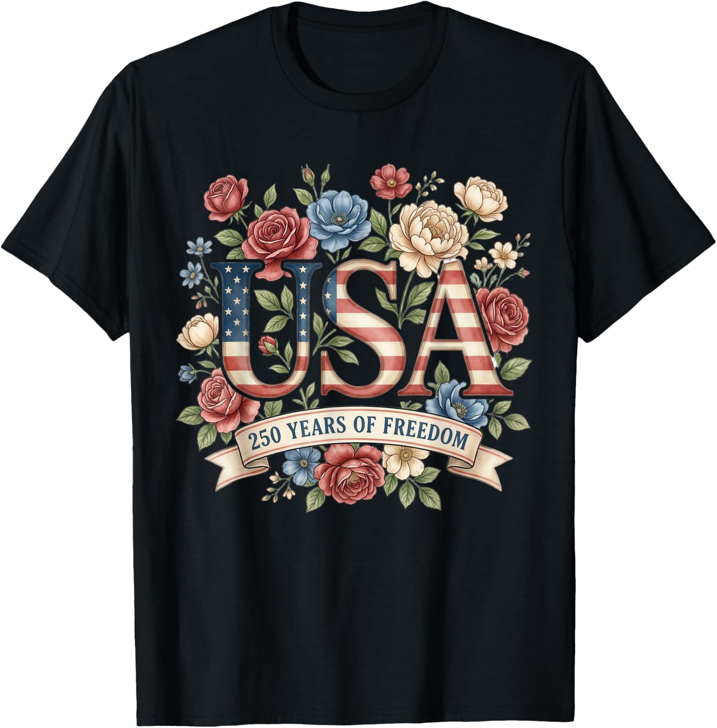 250 Years America Anniversary Flowers USA 250th Birthday T-Shirt - T-Shirt | Black