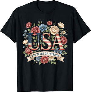 250 Years America Anniversary Flowers USA 250th Birthday T-Shirt - T-Shirt | Black