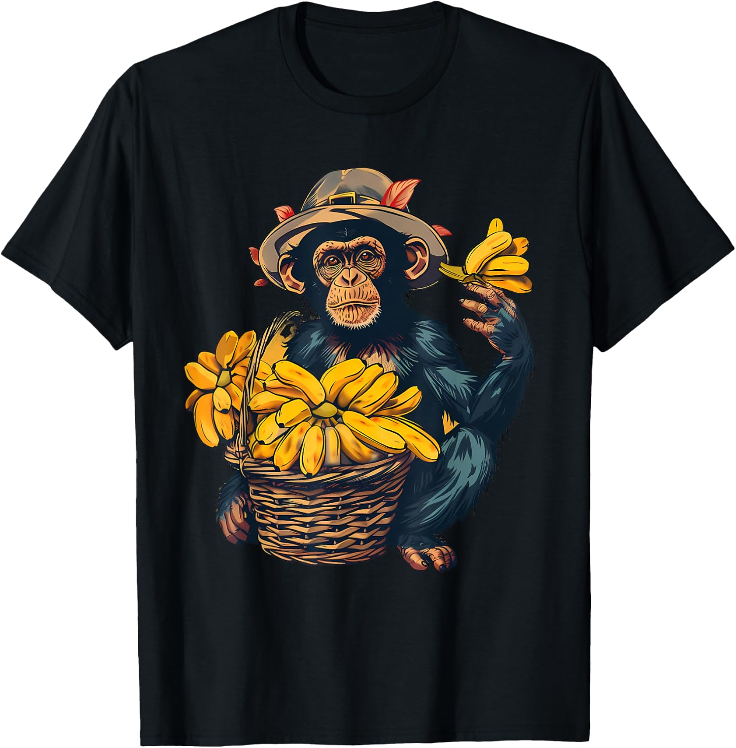 Banana Monkey Farmer Drawing Artwork Banana Fruit T-Shirt - T-Shirt | Black
