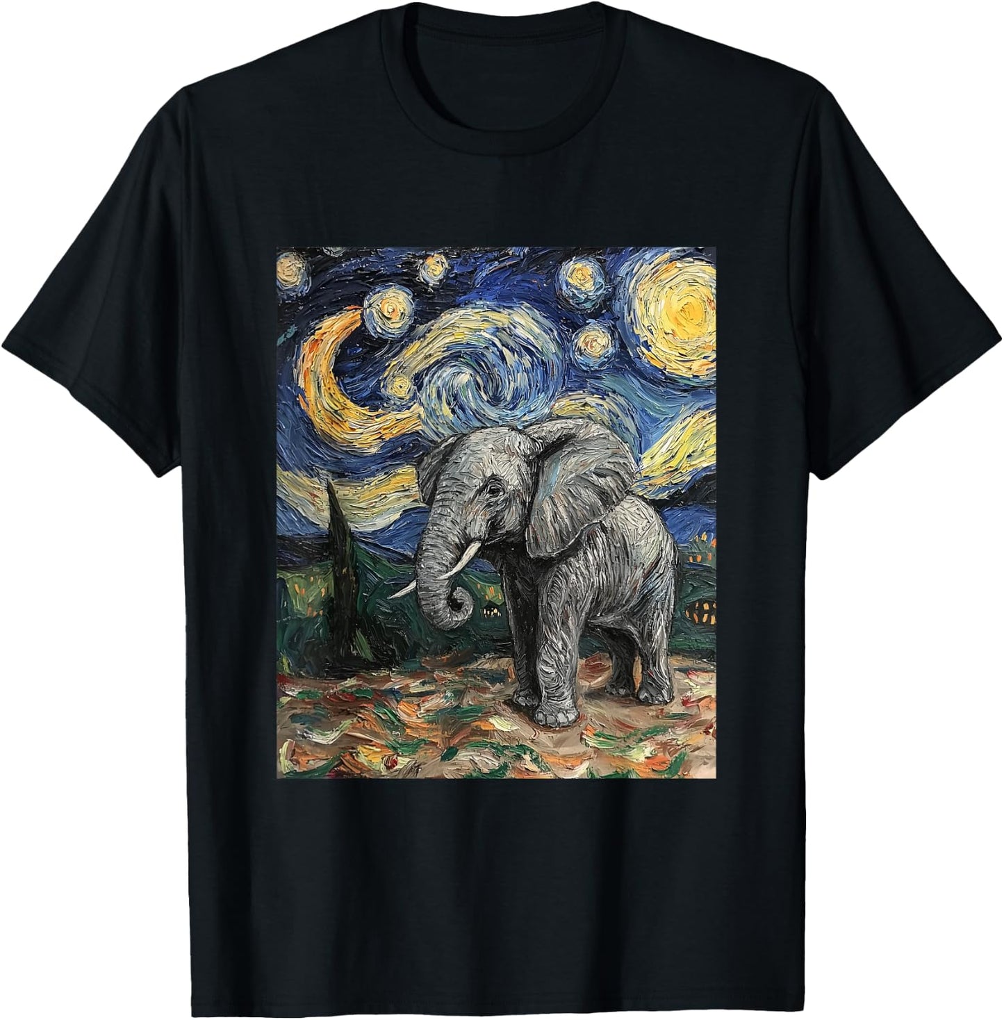 Cute Elephant Africa - Van Gogh Style - Starry Night T-Shirt - T-Shirt | Black