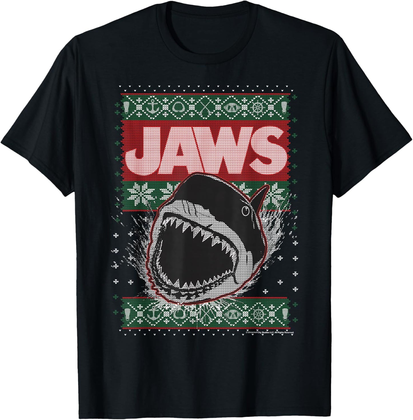 Jaws Christmas Ugly Sweater T-Shirt - T-Shirt | Black