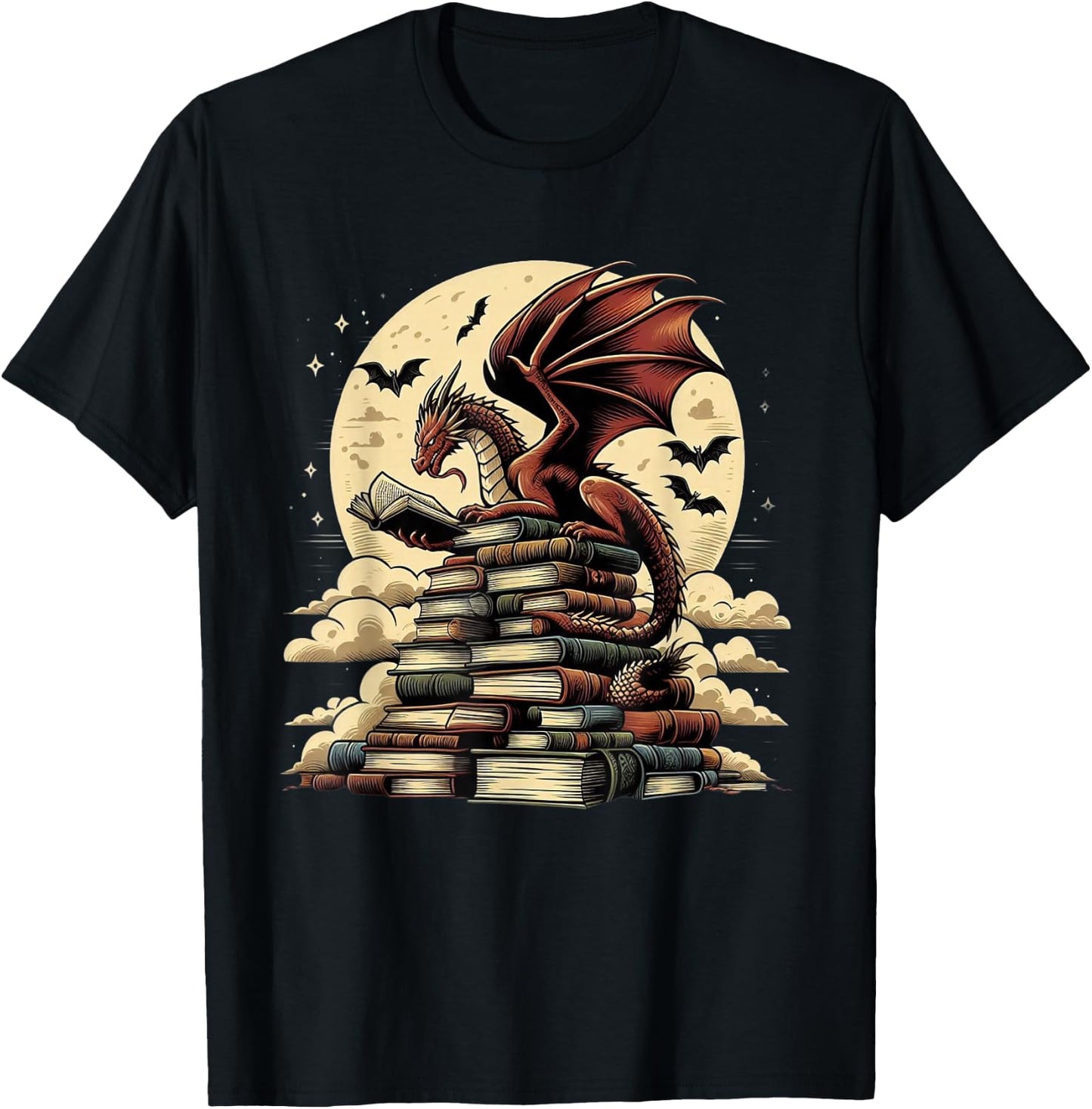 Dragon Reading a Book Dragons and Books Lover Bookworm T-Shirt - T-Shirt | Black