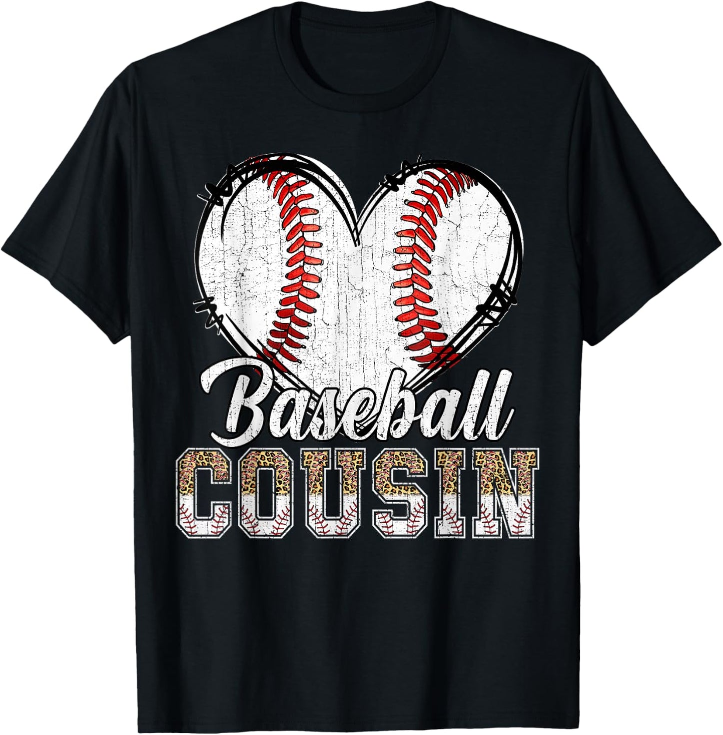 Softball Baseball Cousin Heart Leopard Print Mother's Day T-Shirt - T-Shirt | Black