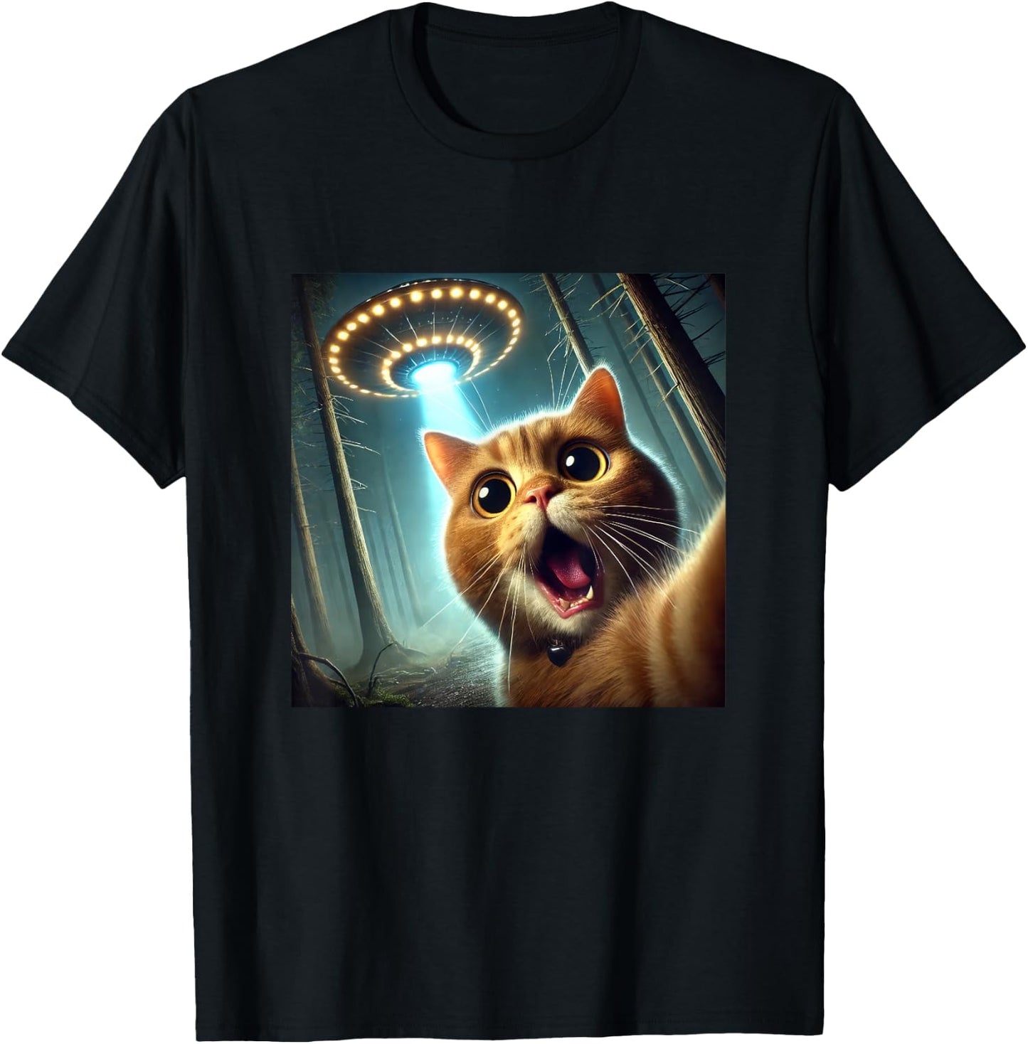 Cat Selfie With UFO Funny Alien UFO T-Shirt - T-Shirt | Black