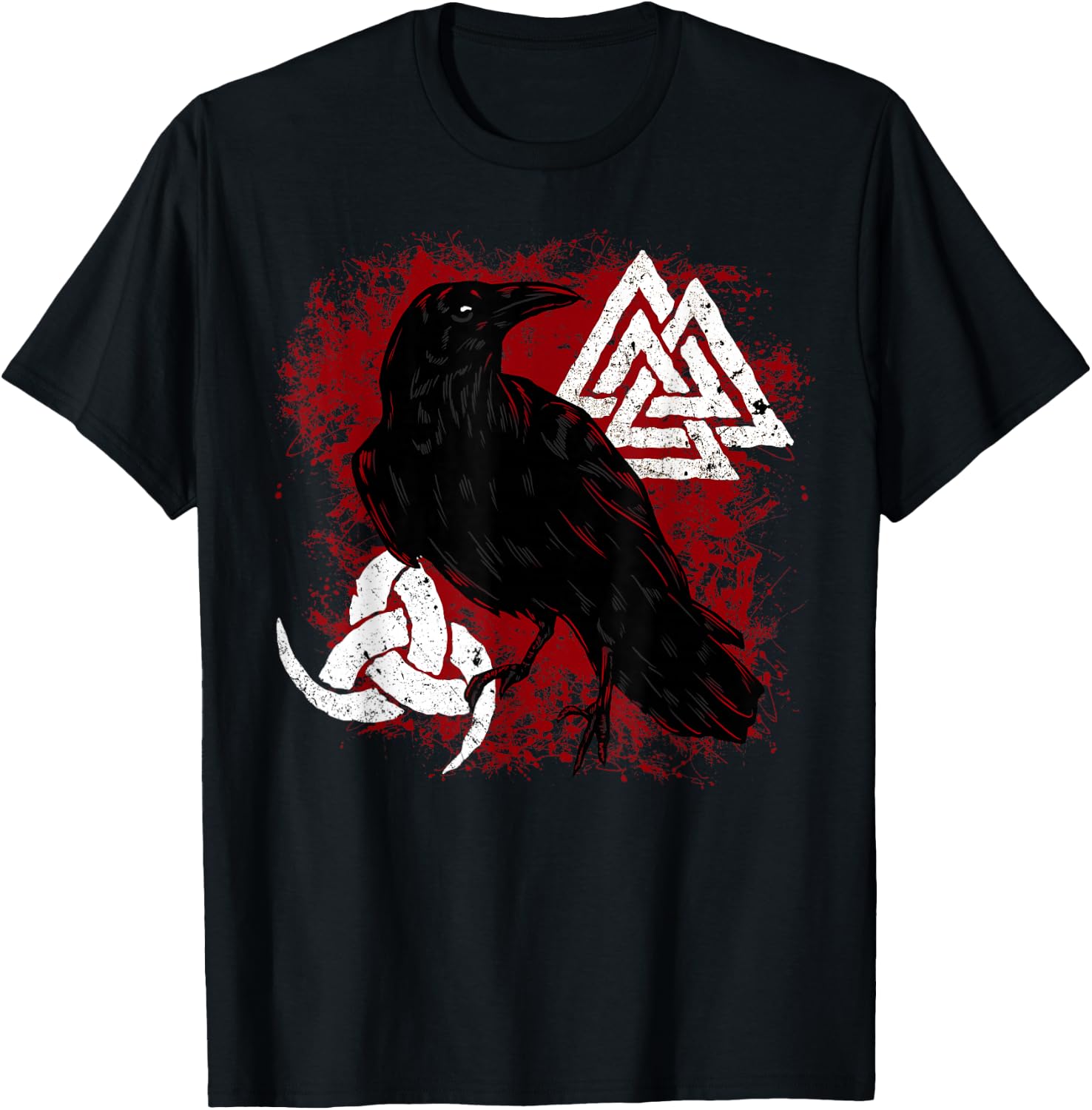 Valknut Norse Crow Triple Horn of Odin Viking Raven T-Shirt - T-Shirt | Black