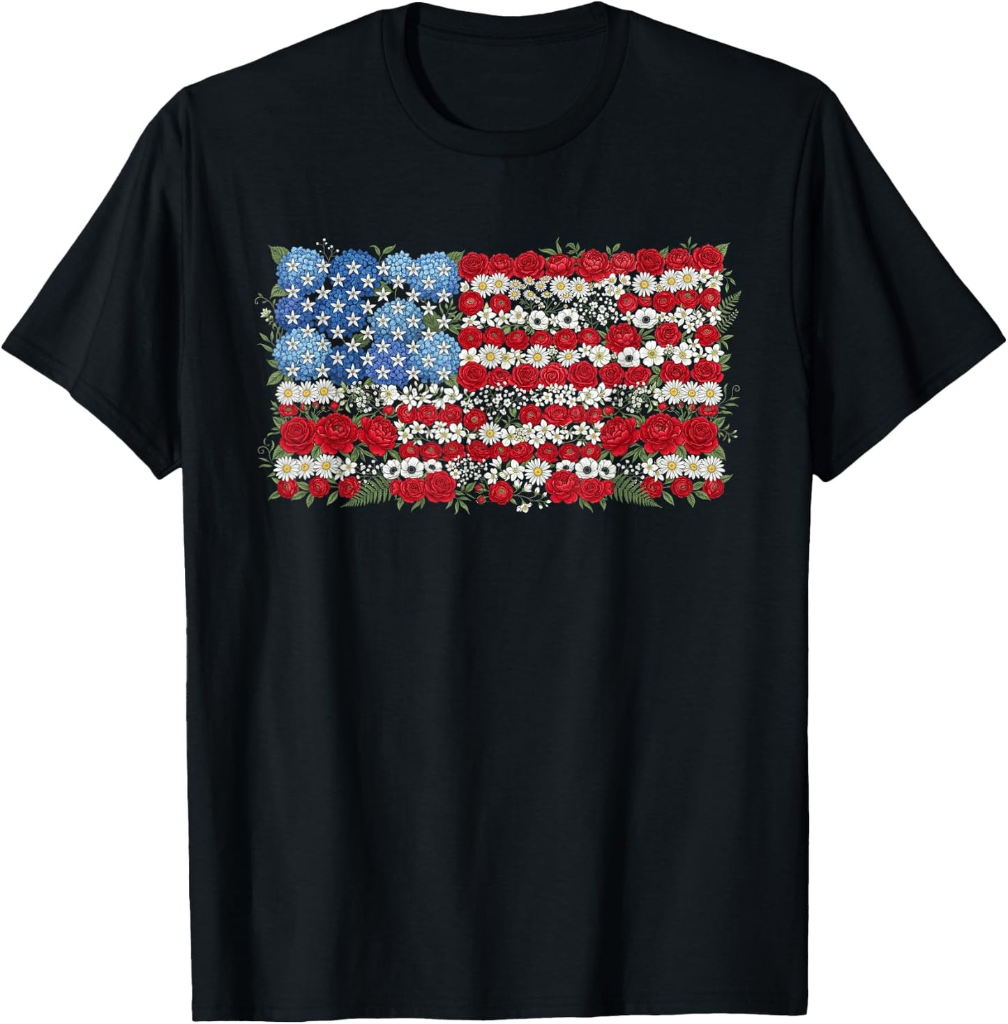 USA Floral American Flag Flower 4th of July T-Shirt - T-Shirt | Black
