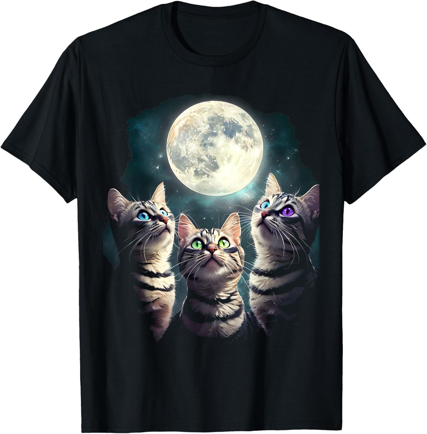 Funny Cat Three Cat Moons 3 Cute Kittens , Black, S T-Shirt - T-Shirt | Black