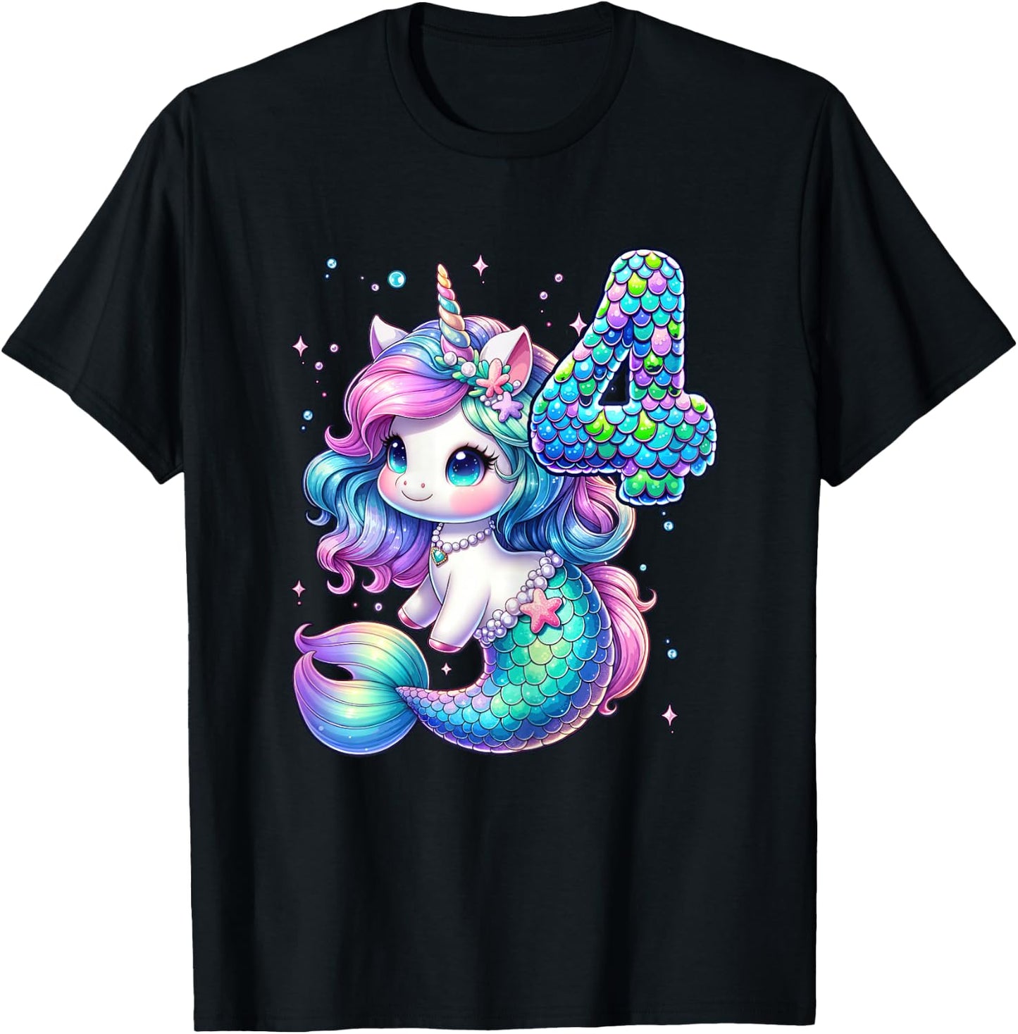 Unicorn Mermaid 4th Birthday 4 Year Old Party Girls Outfit T-Shirt - T-Shirt | Black