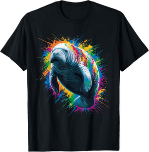 Colorful Paint Splash Manatee Art Graphic T-Shirt - T-Shirt | Black