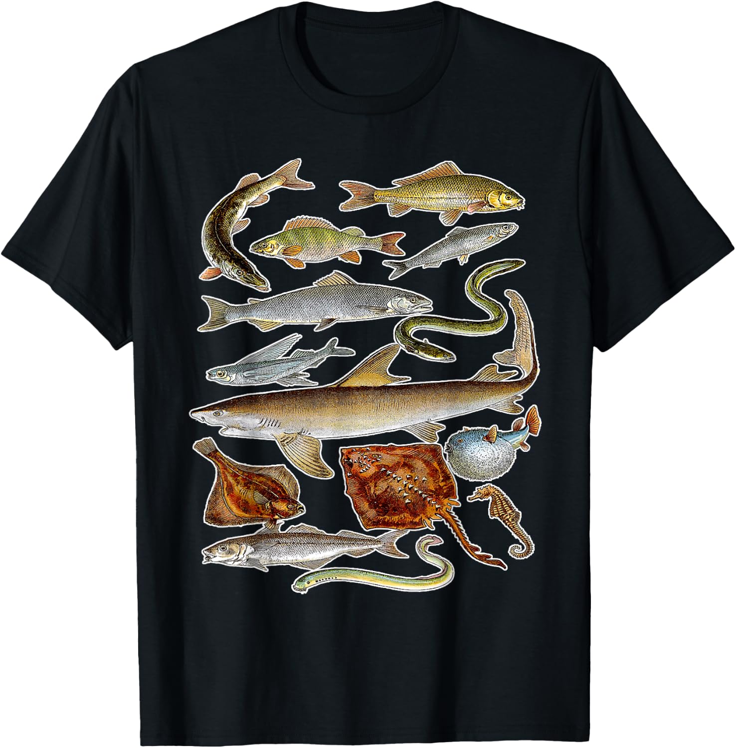 Sea Animals - Fish Sharks and Eels Illustration T-Shirt - T-Shirt | Black