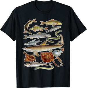 Sea Animals - Fish Sharks and Eels Illustration T-Shirt - T-Shirt | Black