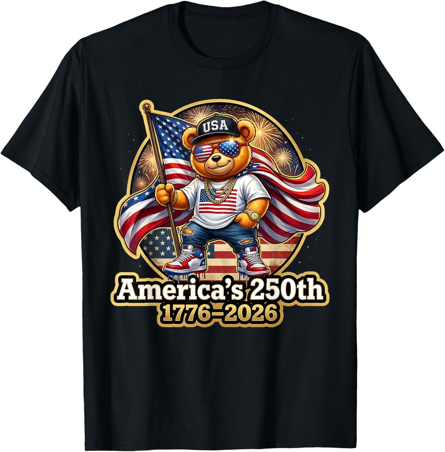 Stylish Teddy Bear America's 250th Anniversary 1776 2026 T-Shirt - T-Shirt | Black