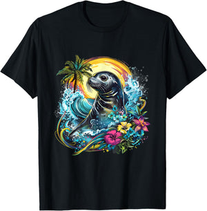 Seal Floral Marine Mammal Motif Seal Lover Ocean Sea Animal T-Shirt - T-Shirt | Black