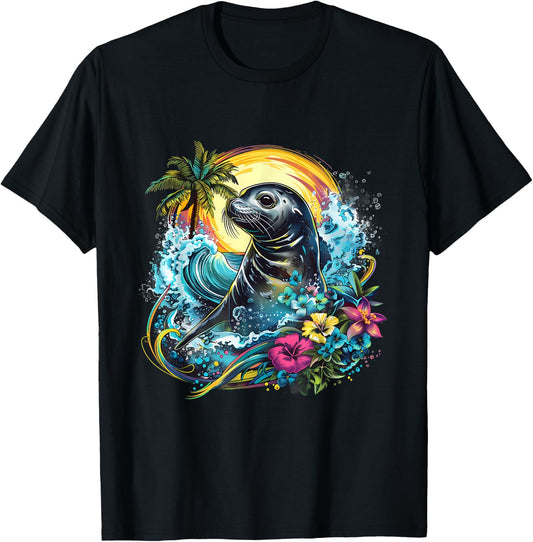 Seal Floral Marine Mammal Motif Seal Lover Ocean Sea Animal T-Shirt - T-Shirt | Black