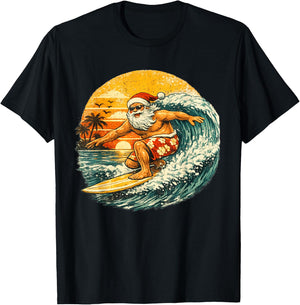 Santa Surfing Xmas in July Beach Christmas in June T-Shirt - T-Shirt | Black