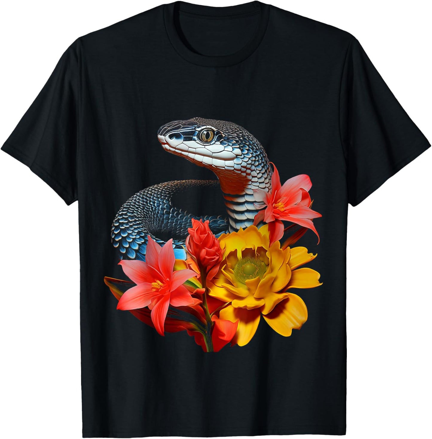 Snake Love Flowers Animal Portrait Art Graphic Snake T-Shirt - T-Shirt | Black