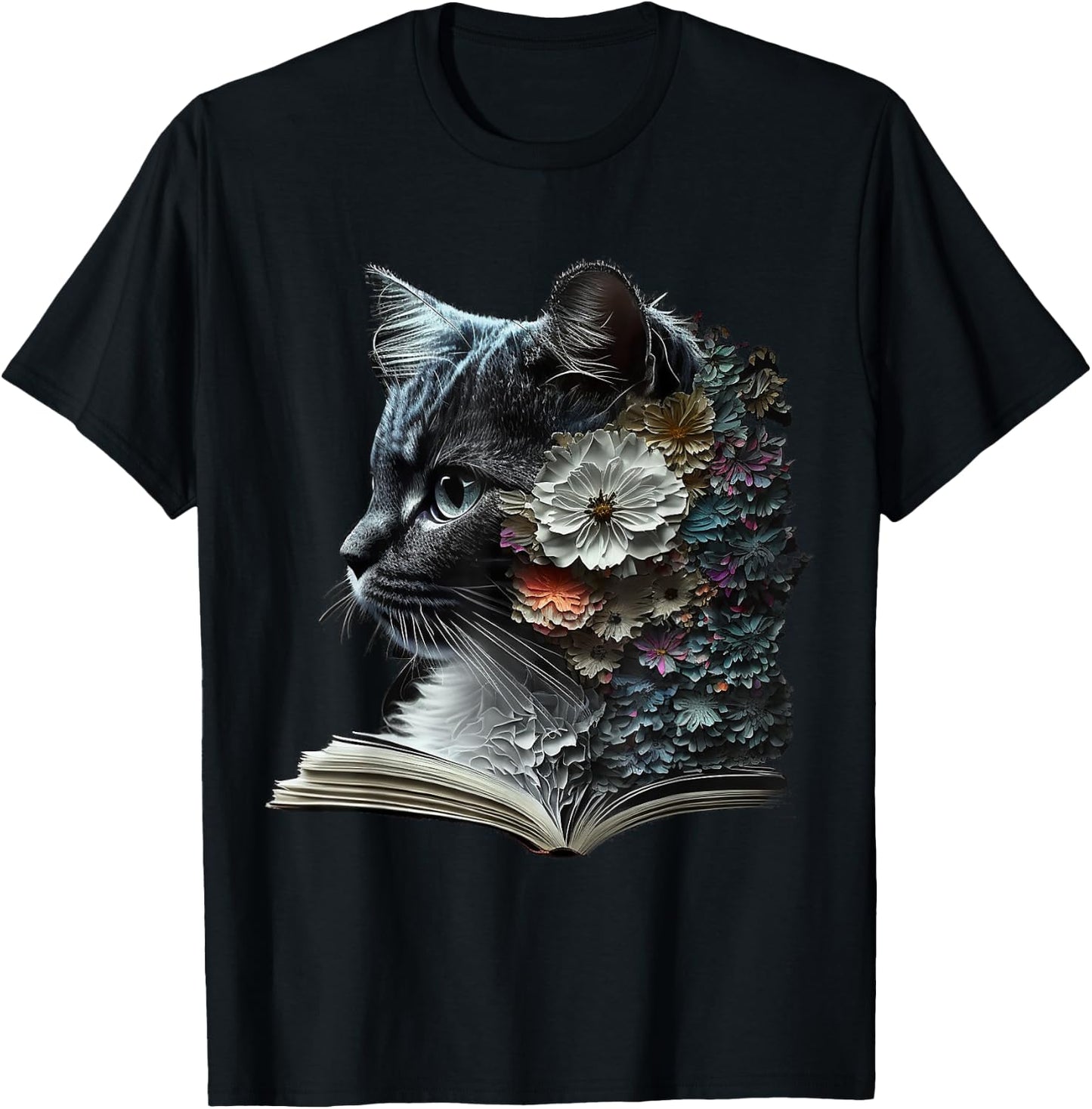 Cat Art Book Cat Motif Flowers Cat , black T-Shirt - T-Shirt | Black