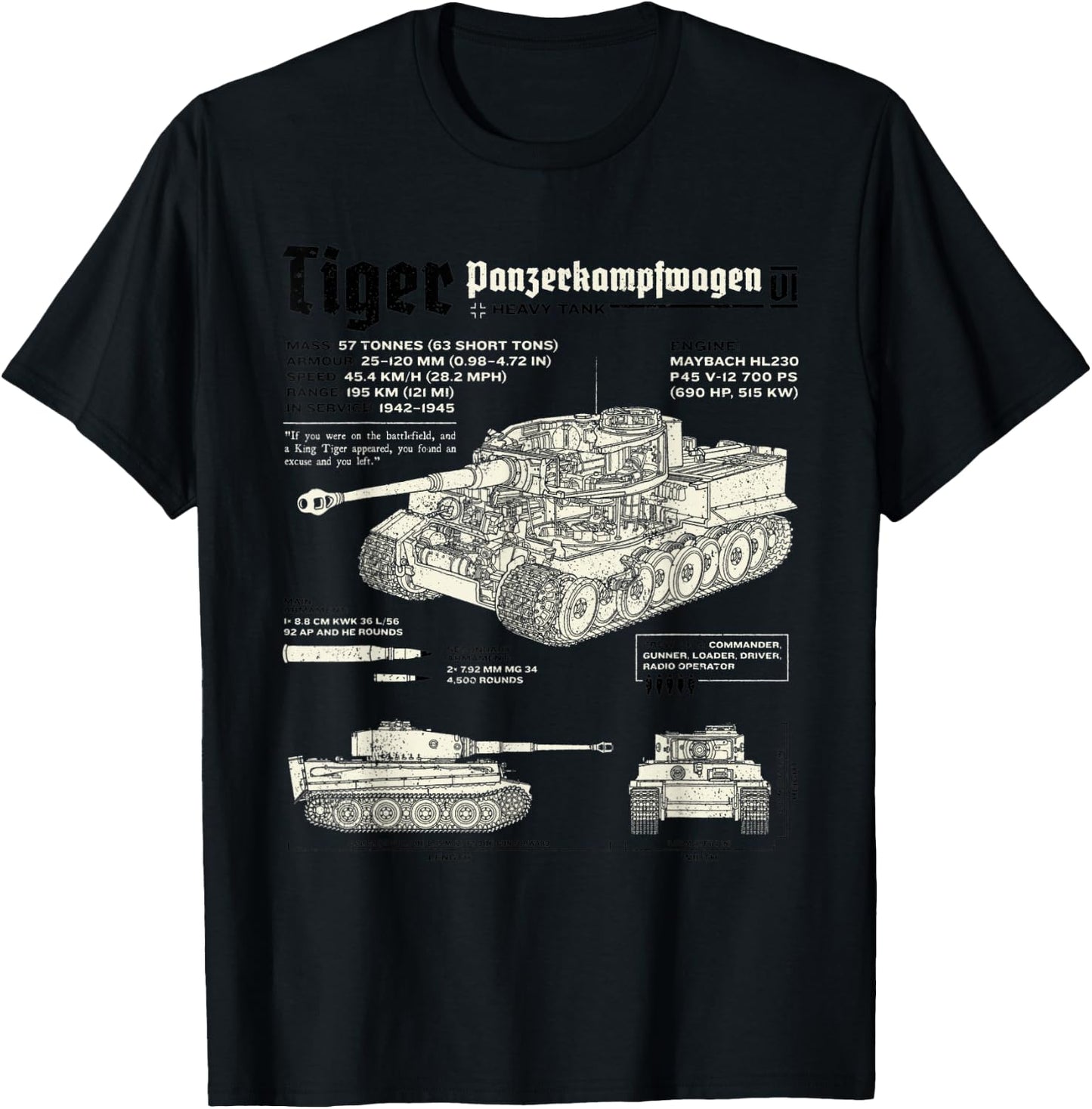Tiger Tank Panzer World War 2 Blueprint T-Shirt - T-Shirt | Black