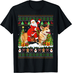 Corgi Dog Lover Funny Ugly Santa Riding Corgi Christmas T-Shirt - T-Shirt | Black