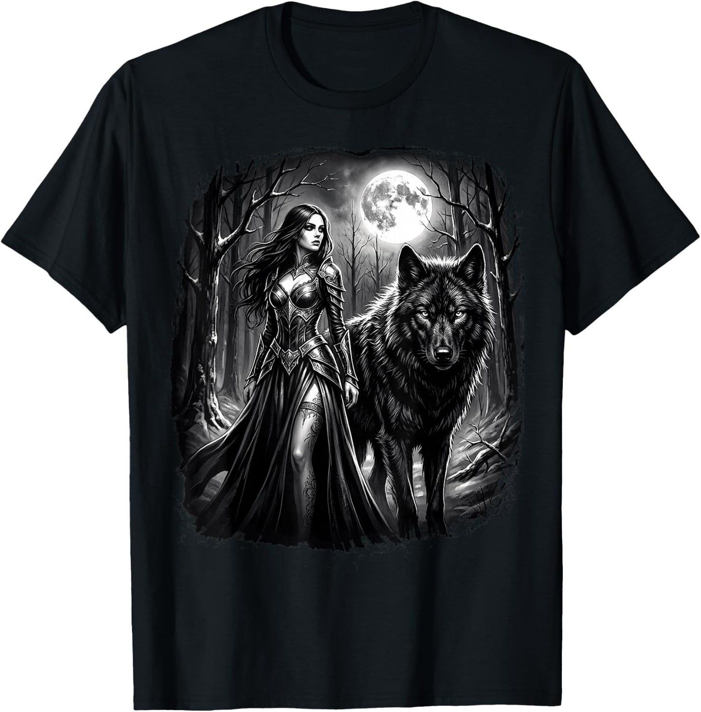 Fantasy Kriegerin Wolf Vollmond Gothic Motiv T-Shirt - T-Shirt | Black