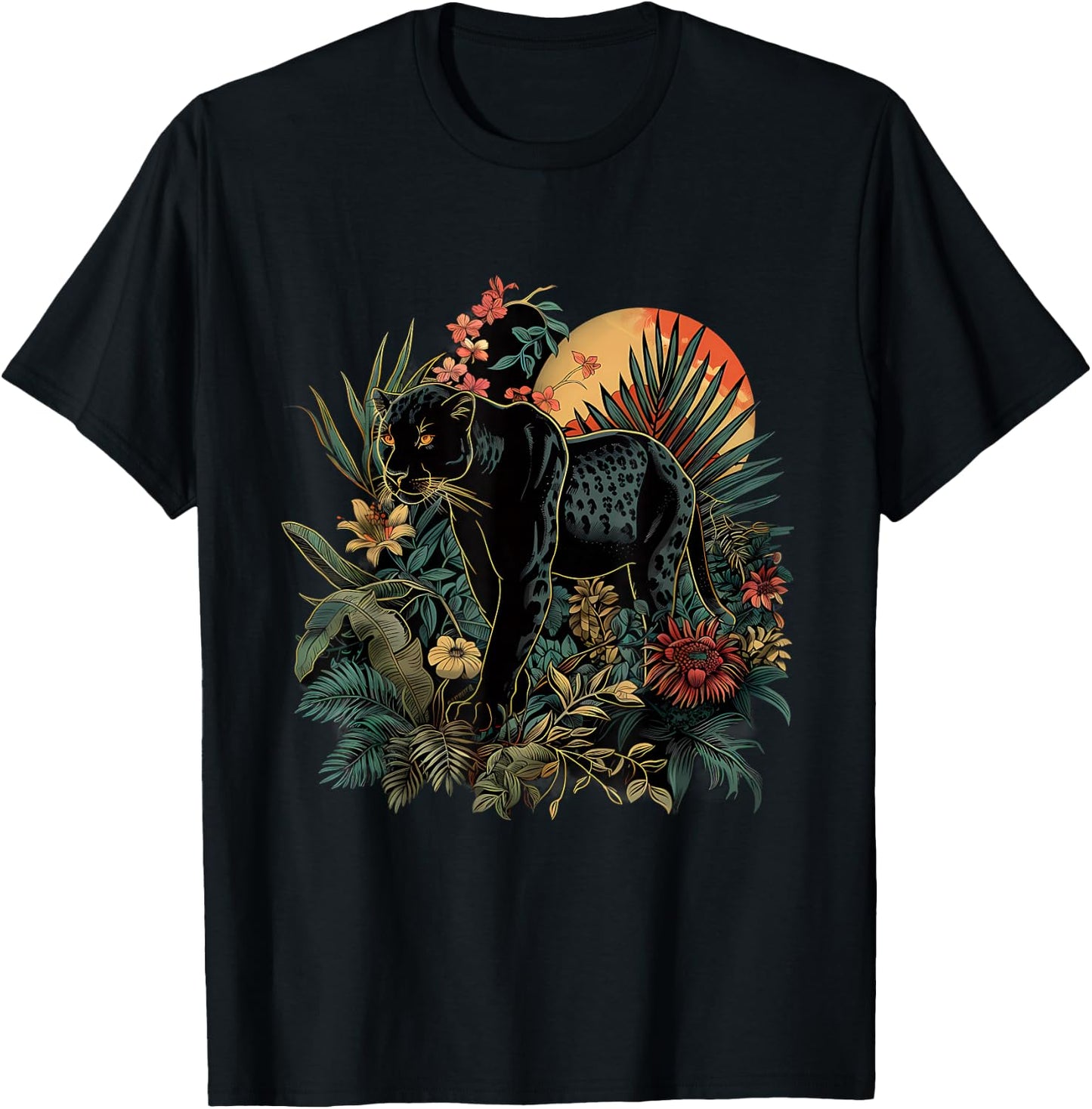 Panther Jungle Nature Artwork Moon Tropical Animal Art T-Shirt - T-Shirt | Black