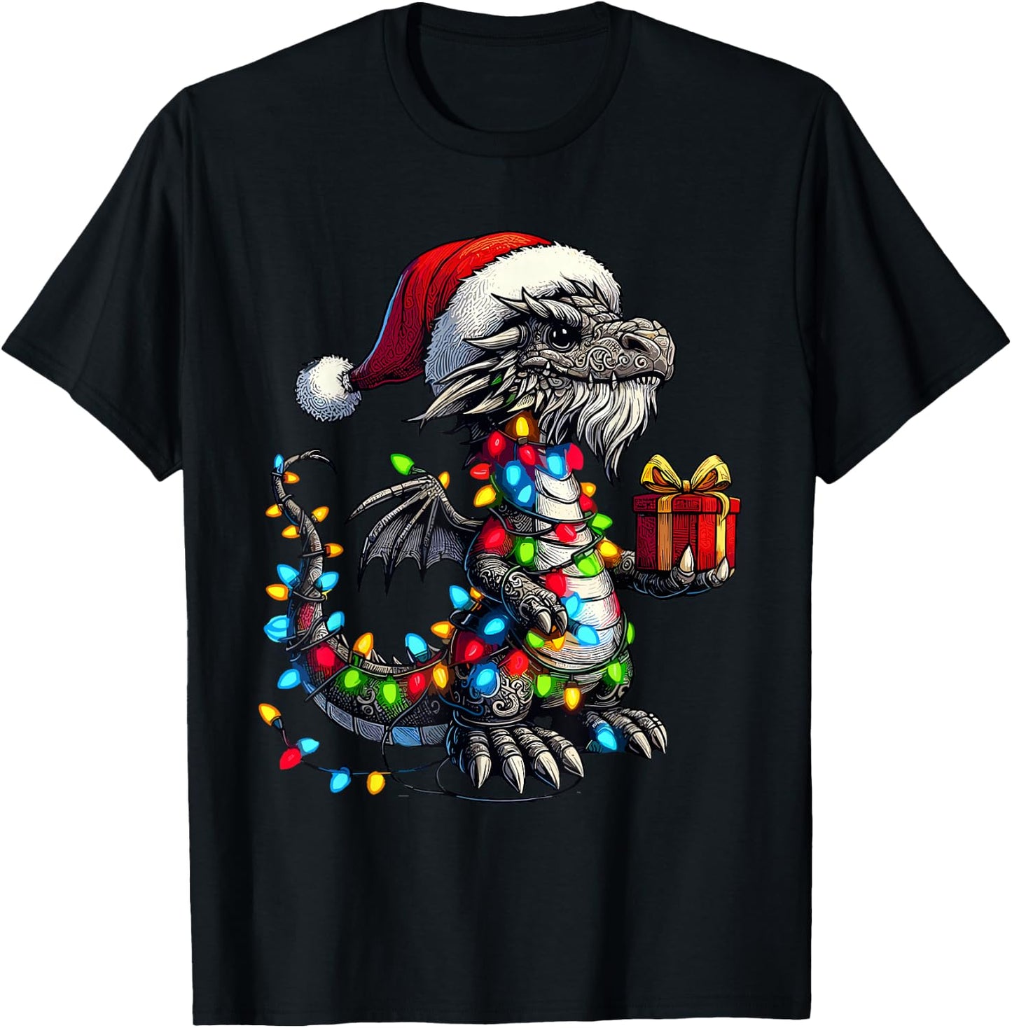 Dragon Wearing Santa Claus Hat Holding A Present Box Xmas T-Shirt - T-Shirt | Black
