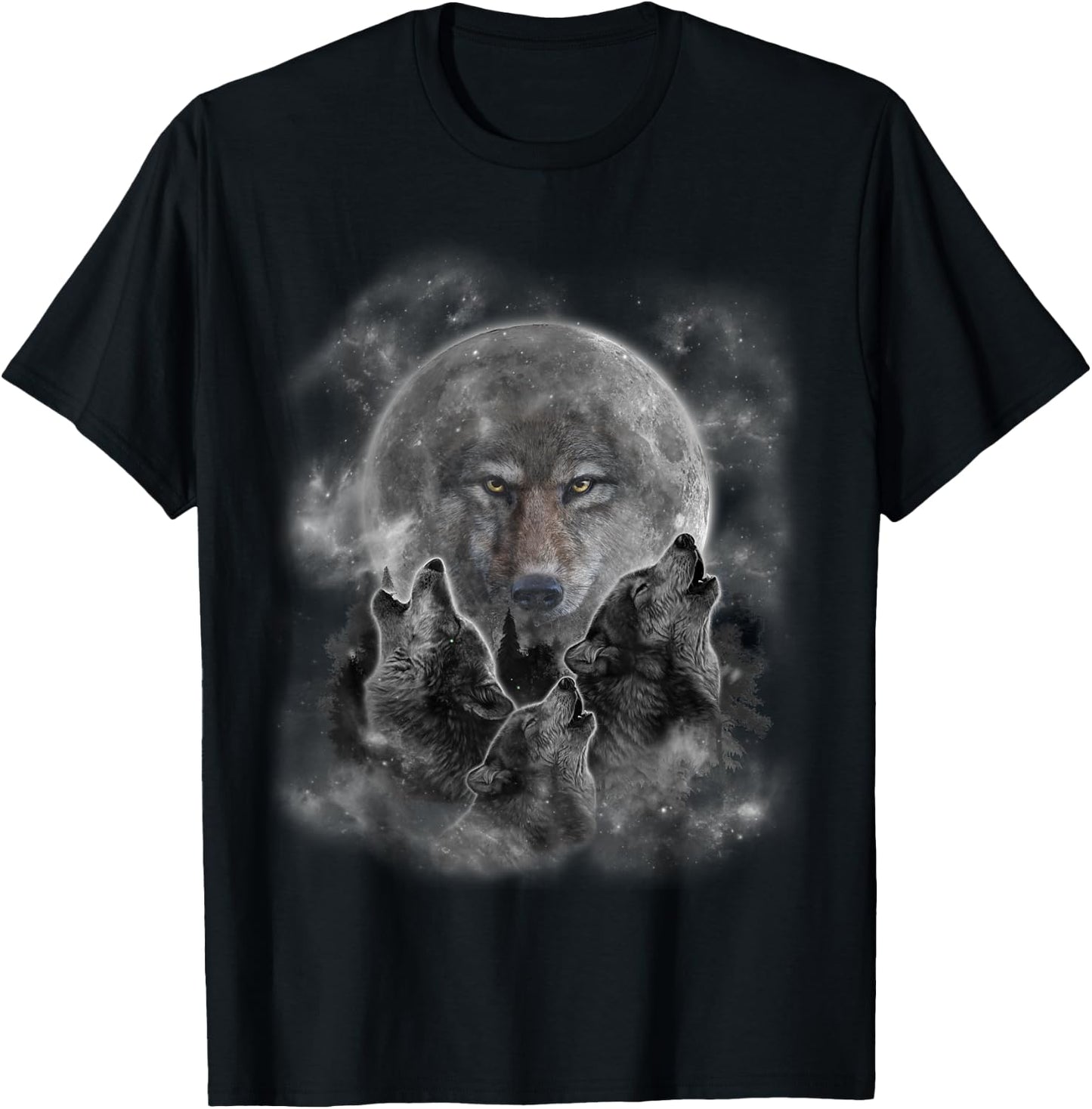 Three Wolves Howling, Full Moon w Wolf Silhouette T-Shirt - T-Shirt | Black