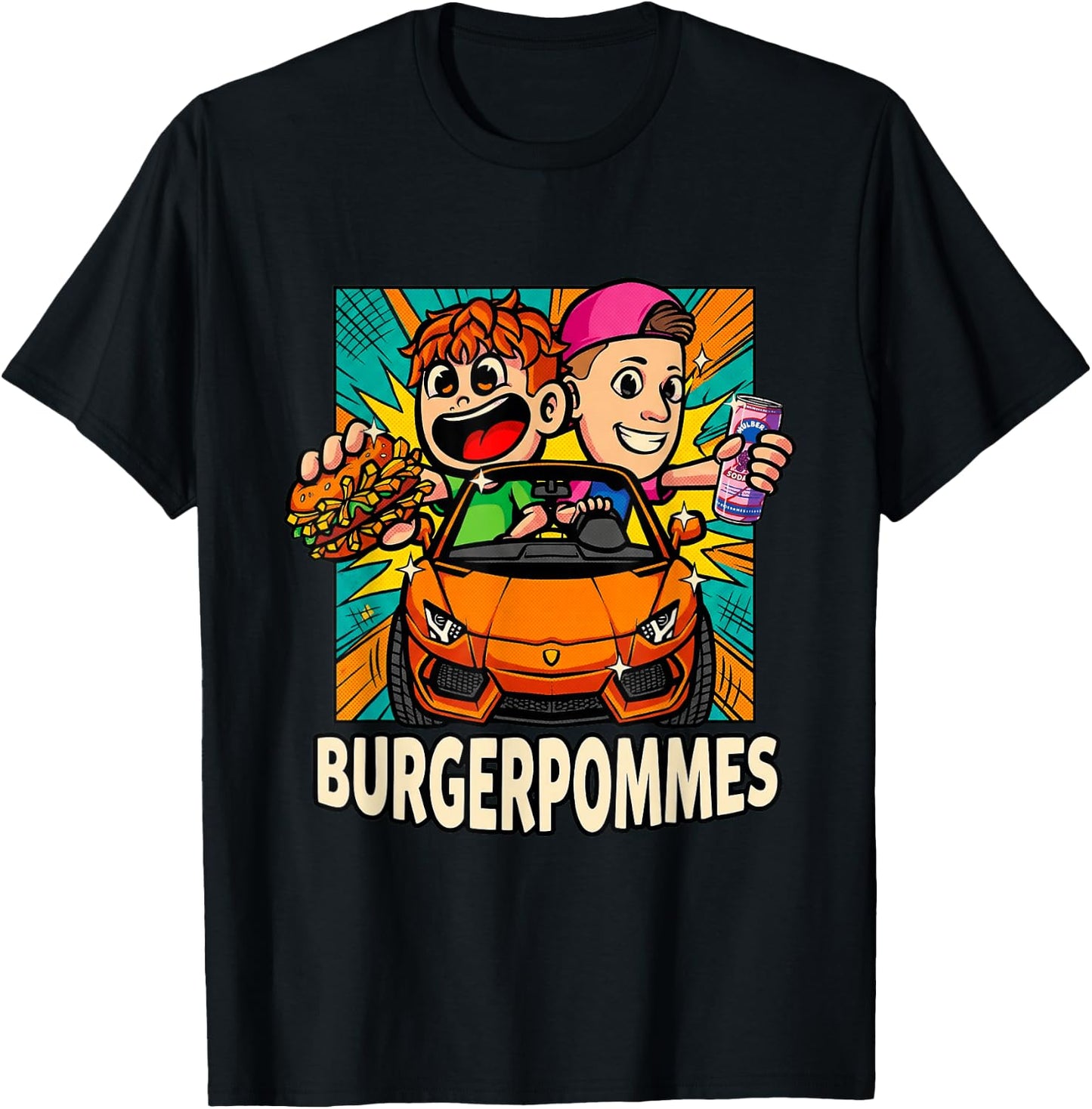 Burger.Pommes Pop Art Comic Style Sportwagen Snack T-Shirt - T-Shirt | Black