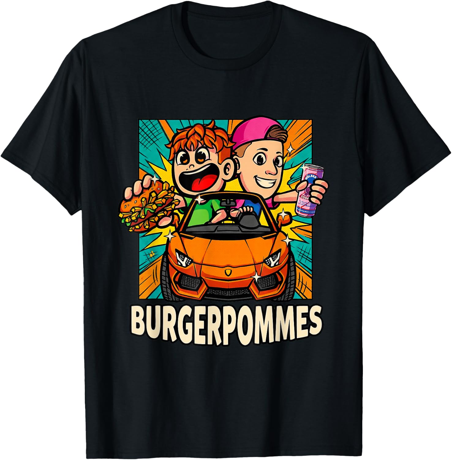Burger.Pommes Pop Art Comic Style Sportwagen Snack T-Shirt - T-Shirt | Black