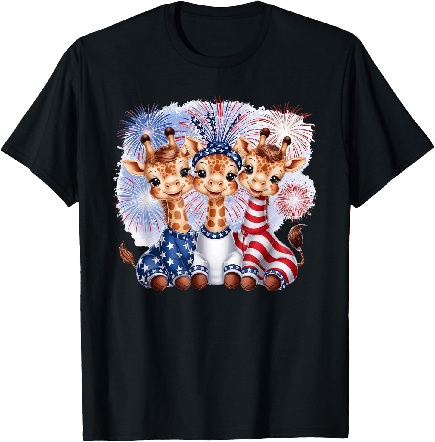 Giraffe 4th of July Party Patriotic Fireworks America Flag T-Shirt - T-Shirt | Black