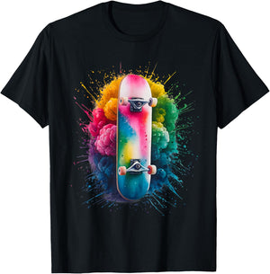 Skater Men's Women's Colourful Watercolour Skateboarding , black T-Shirt - T-Shirt | Black