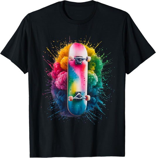 Skater Men's Women's Colourful Watercolour Skateboarding , black T-Shirt - T-Shirt | Black