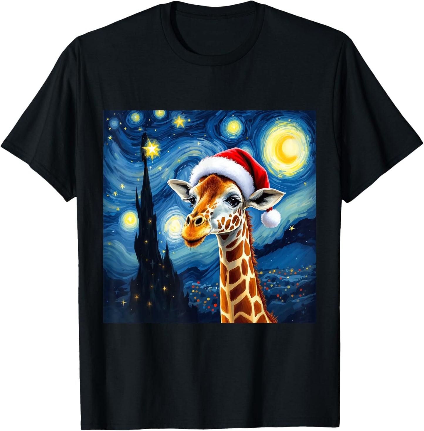 Christmas Giraffe Santa Hat Van Gogh Starry Night Holiday T-Shirt - T-Shirt | Black