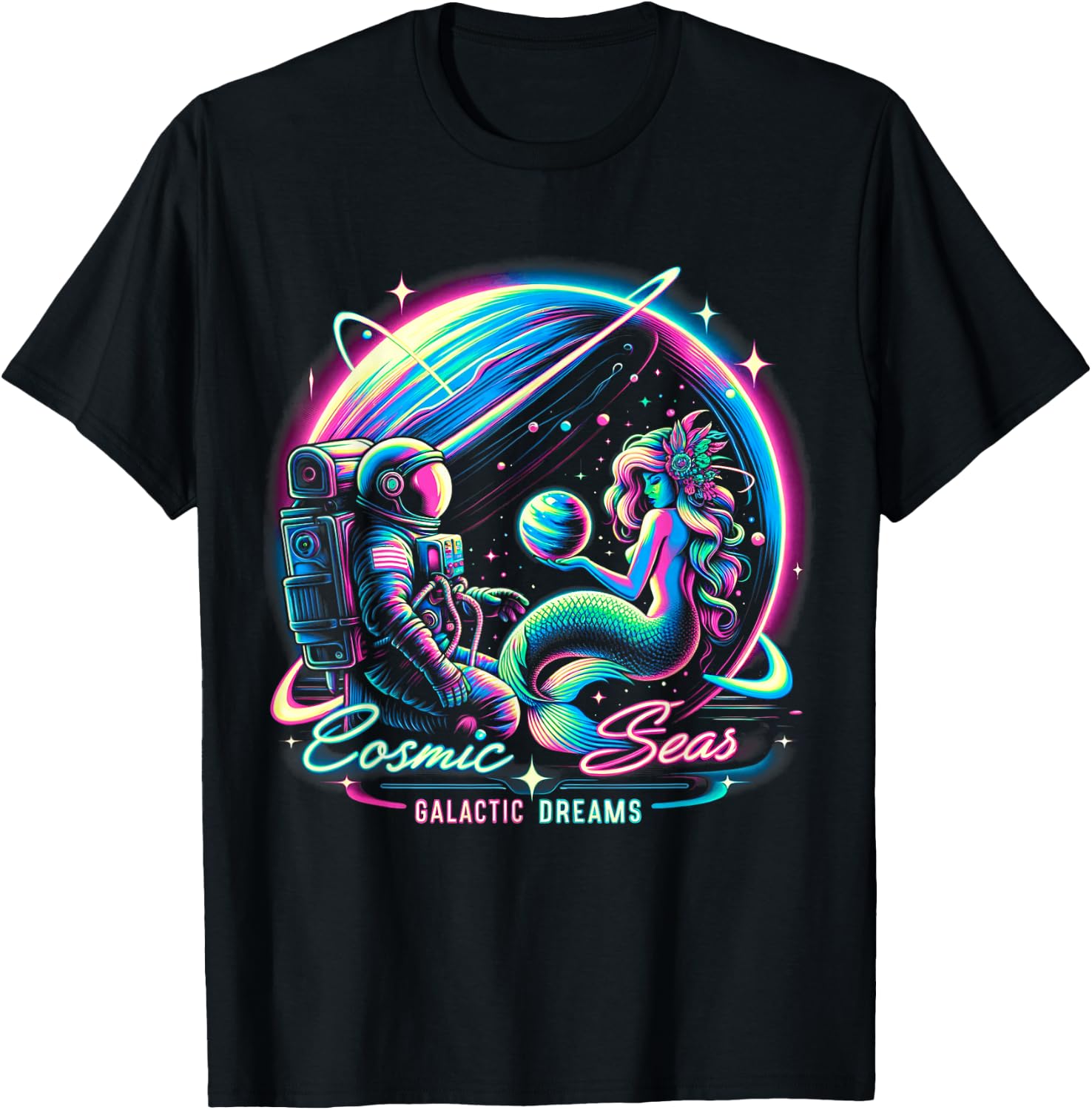 Cosmic Encounter - Astronaut Meets Space Mermaid Psychedelic T-Shirt - T-Shirt | Black