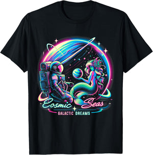 Cosmic Encounter - Astronaut Meets Space Mermaid Psychedelic T-Shirt - T-Shirt | Black