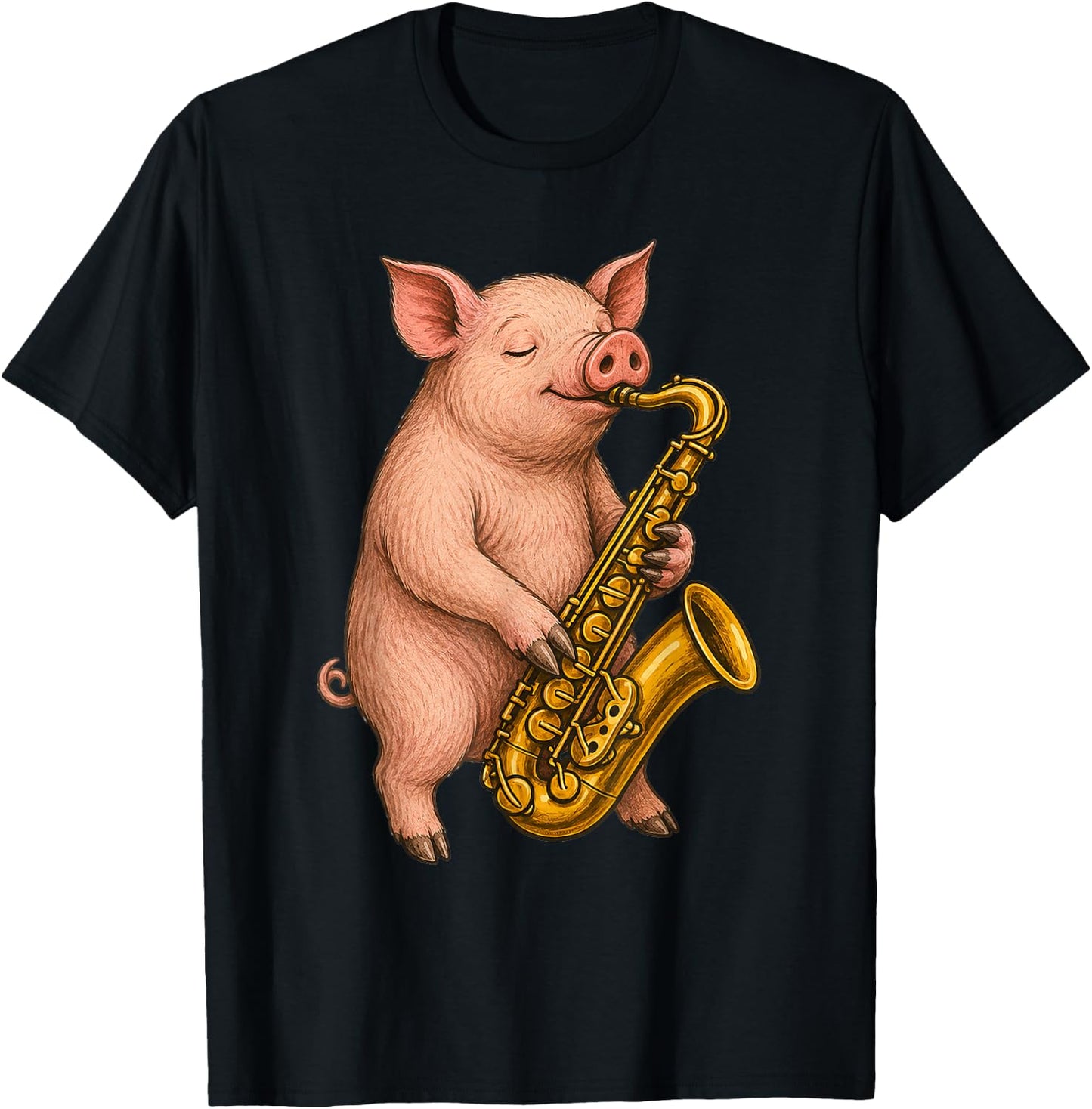 Cute Pig Playing Saxophone Musician Music T-Shirt - T-Shirt | Black