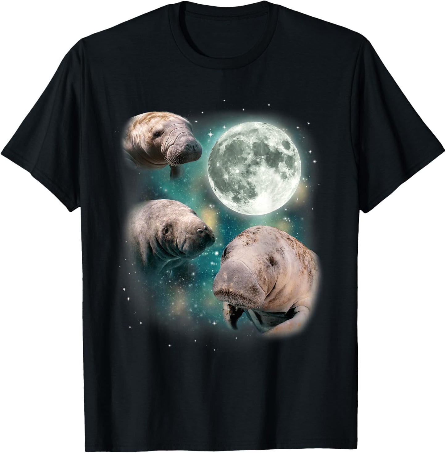 3 Manatee Moon | Three Funny Sea Cows Howl At Moon Manatee T-Shirt - T-Shirt | Black