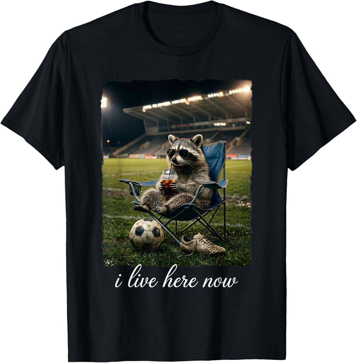 I Live Here Now Soccer Funny Raccoon Iced Coffee T-Shirt - T-Shirt | Black